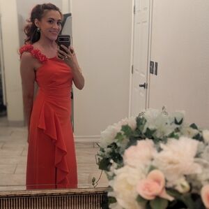 Alex Evenings Floral Strap Ruffle Detail Stretch Crepe Coral Gown Sz 4